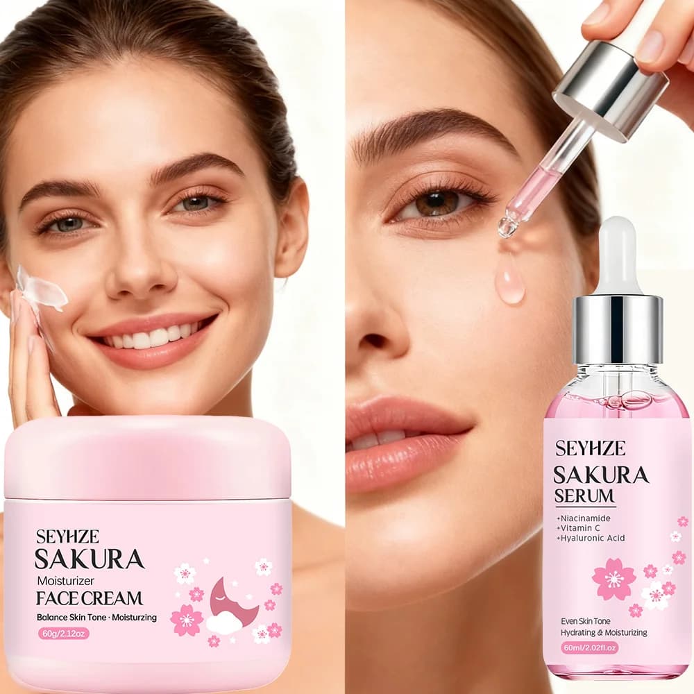SEYHZE Face Care Set with Sakura Collagen Essence + Hydrating Cream - 2 Pieces with Collagen Peptides, Vitamin C/E, Aloe and Niacin