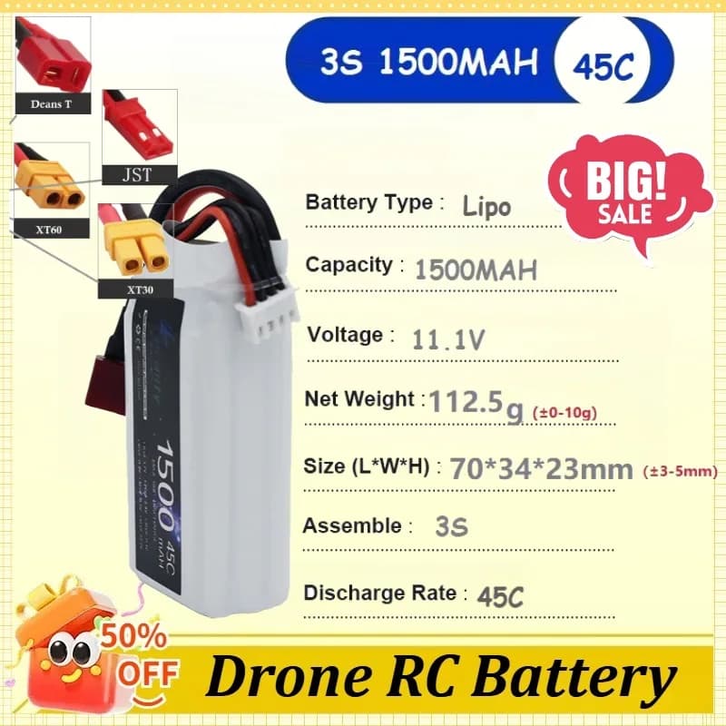 Batteria LiPo 11.1V 1500mAh 3S 45C per Droni RC, Quadricotteri, Elicotteri, Auto, Barche, Ricambi, Batteria Riciclabile