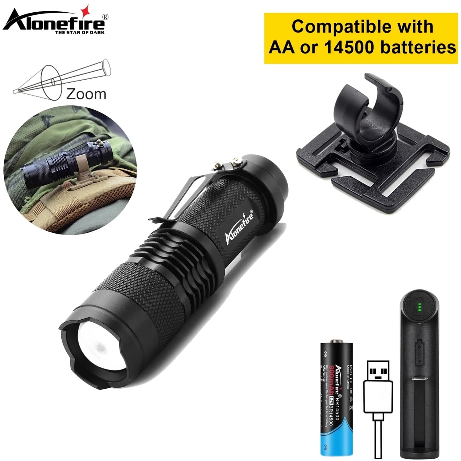 Torcia Mini Zoom Alonefire + Anello a U Girevole, Lampada da Lavoro per Zaino, Luce per Escursionismo e Arrampicata, Supporto con Clip per Tracolla