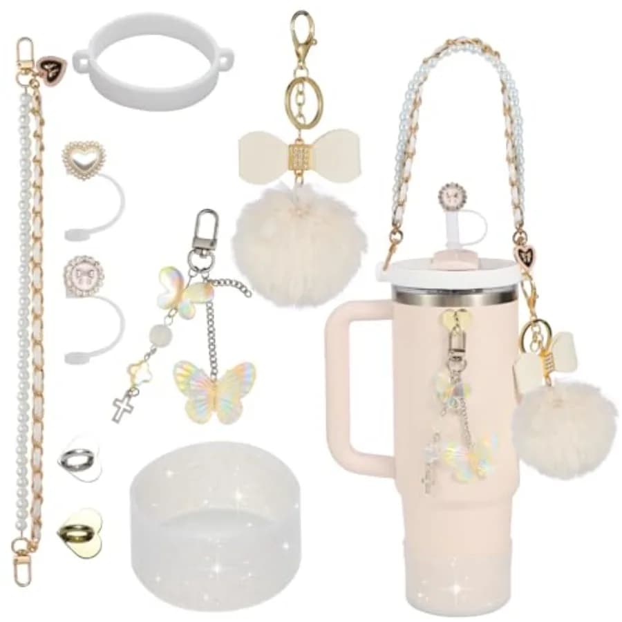Accessori per tazze Kit da 9 pezzi per 40oz 30oz Coperture in paglia di moda in silicone Sparkle Cup Boot Maniglia perlata Cinghia per capelli Ciondoli per arco con palla di pelo