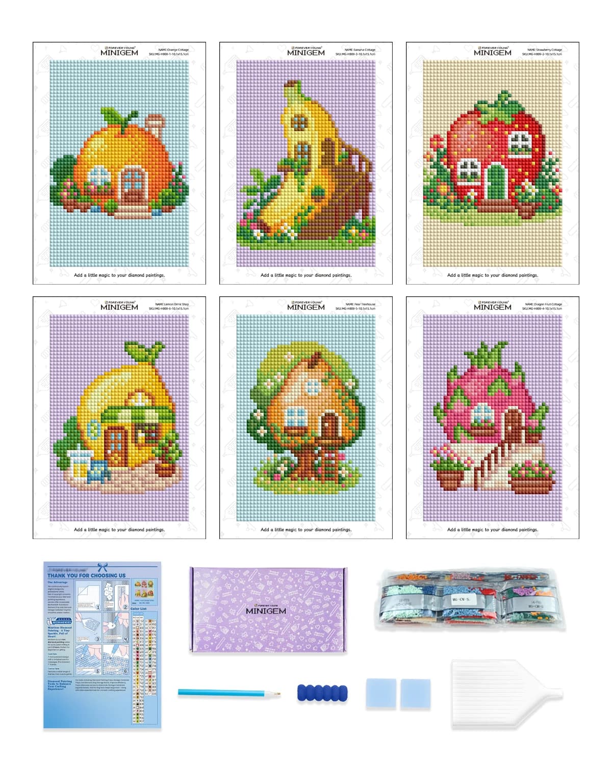 Forever Young Minigem Kit di pittura con diamanti da 6 pezzi per cottage di frutta - Kit artistici con diamanti quadrati in resina da 5x7 pollici per principianti adulti