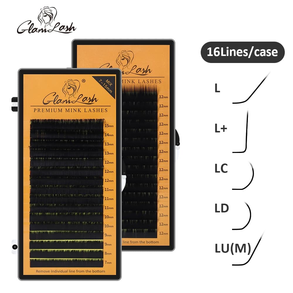 GLAMLASH L/L +/LC/LD/LU/M Curl visone ciglia Extension 16 righe/vassoio Mix nero opaco individuale N/L Curl trucco ciglia finte