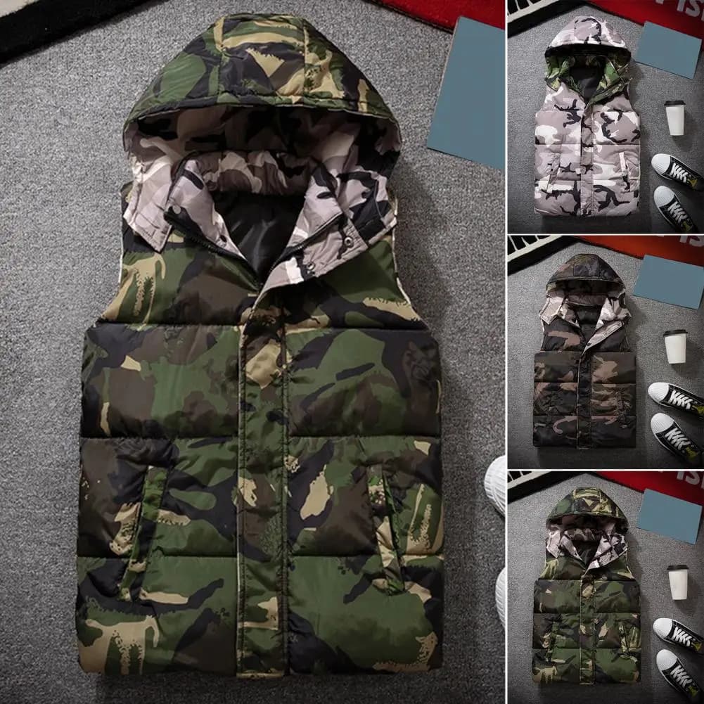 Gilet invernale da uomo mimetico in cotone ispessito imbottito antivento con cerniera con cappuccio per l'uso quotidiano