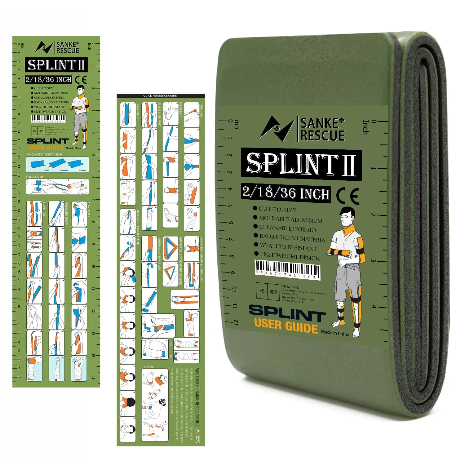 SANKE RESCUE Tendina di Supporto per Primo Soccorso Verde-Grigio Arancione-Blu: Mantieni le ossa in posizione per Campeggio, Escursionismo, Kit di Emergenza Ossea