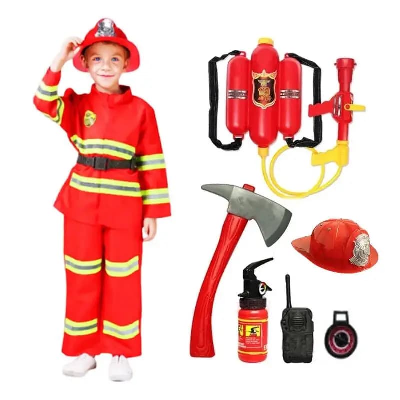 Set Costume da Pompiere con Casco, Ascia, Pistola ad Acqua e Walkie Talkie, Outfit per Halloween, Carnevale, Feste e Giochi di Ruolo