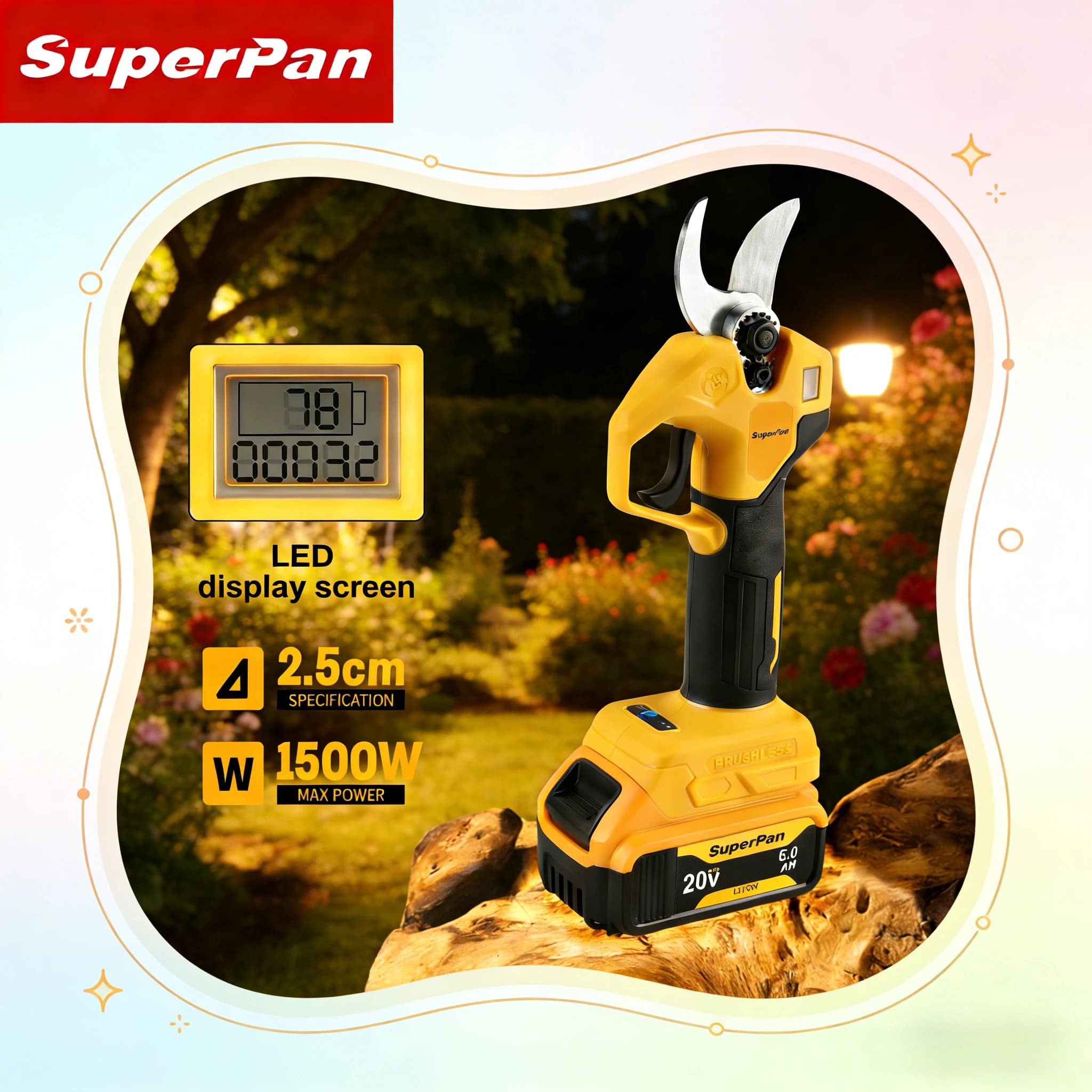 SuperPan electric pruning scissors with brushless motor for orchard and garden, compatible with DeWalt 20V battery.