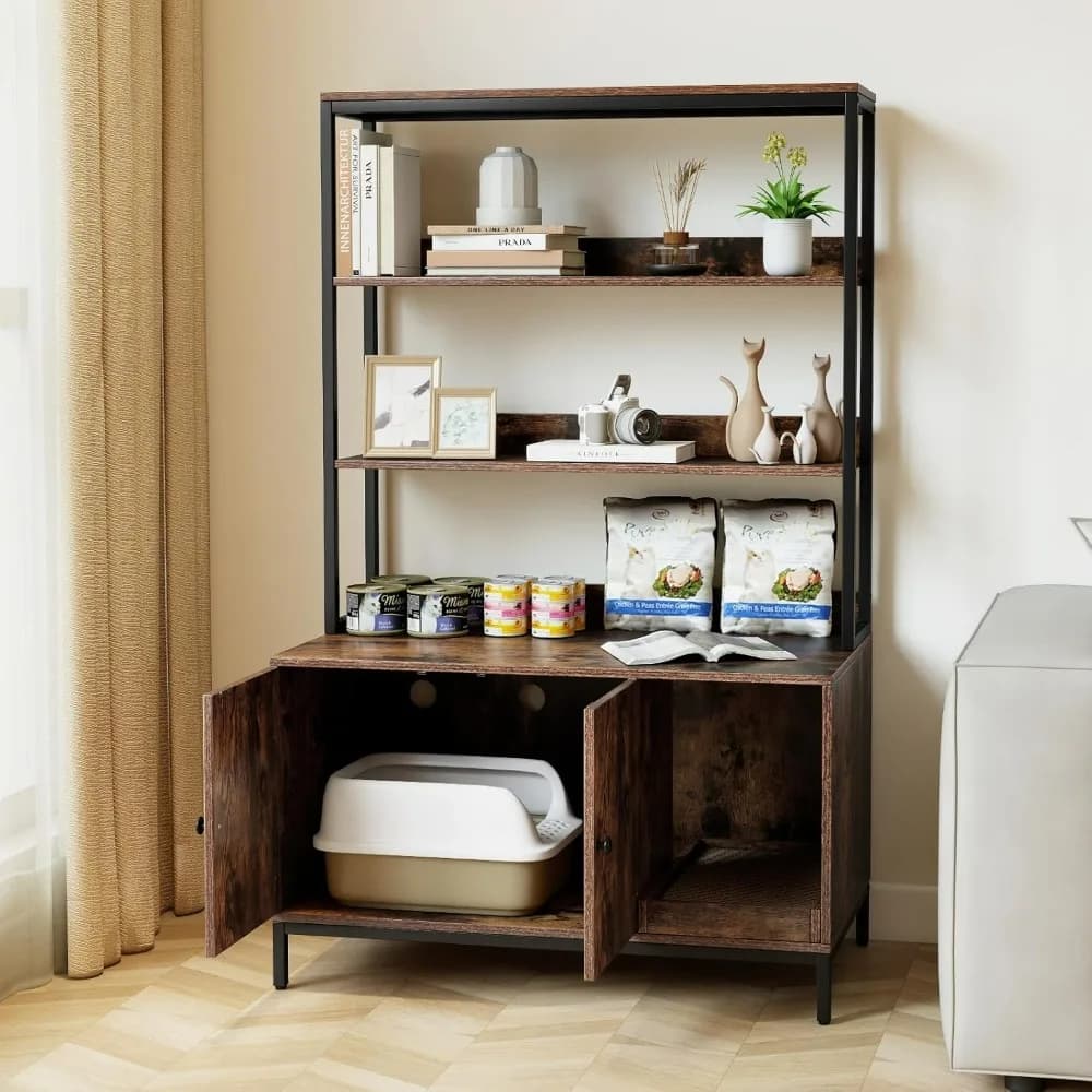 Mobiletto per Lettiera con Scaffali, Armadietto Nascosto per Toilette Gatti con Spazio di Archiviazione, Ingresso Curvo e Tiragraffi, Contenitore Versatile