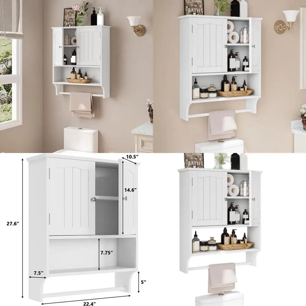 Mobiletto da bagno bianco a parete con 2 ante, ripiano regolabile e portasciugamani per riporre oggetti e medicinali sopra il WC