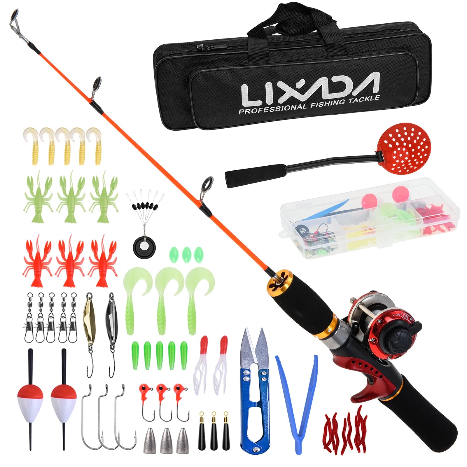 Kit Complete Canna and Ice Fishing Muline with Ice Pala, Transport bag, Esche, Ami, Girelle and Accessories