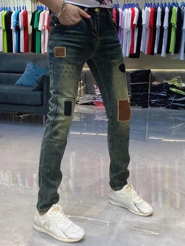 High-End Fashion Men's Jeans Patchwork Casual Style Mid-Waist Zipper Closure Slim Fit Autumn Trend Personality Expression