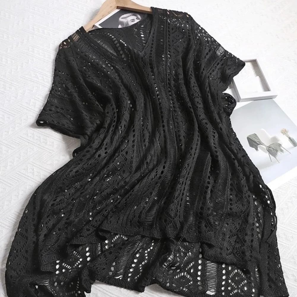 Simple Oversized Hollow Out Swimsuit Cover Up V-neck Loose Knitted Bikini Cover Up Fishing Net Long Sleeve Beach Wear Summer