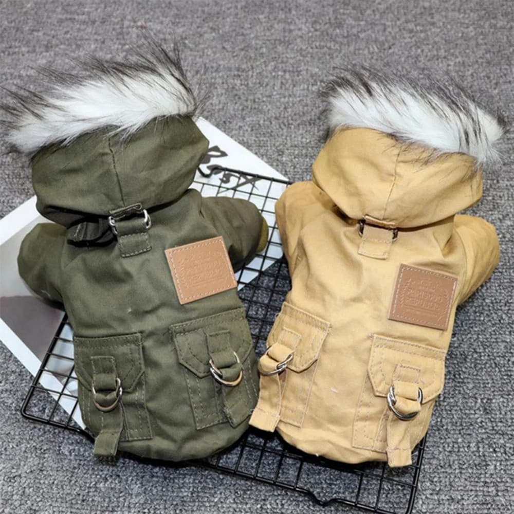 Giacca per cani da compagnia con imbracatura Cappotto invernale da trekking pesante Gilet con cappuccio caldo per cani Giacca da esterno antivento per cani di taglia piccola, media e grande