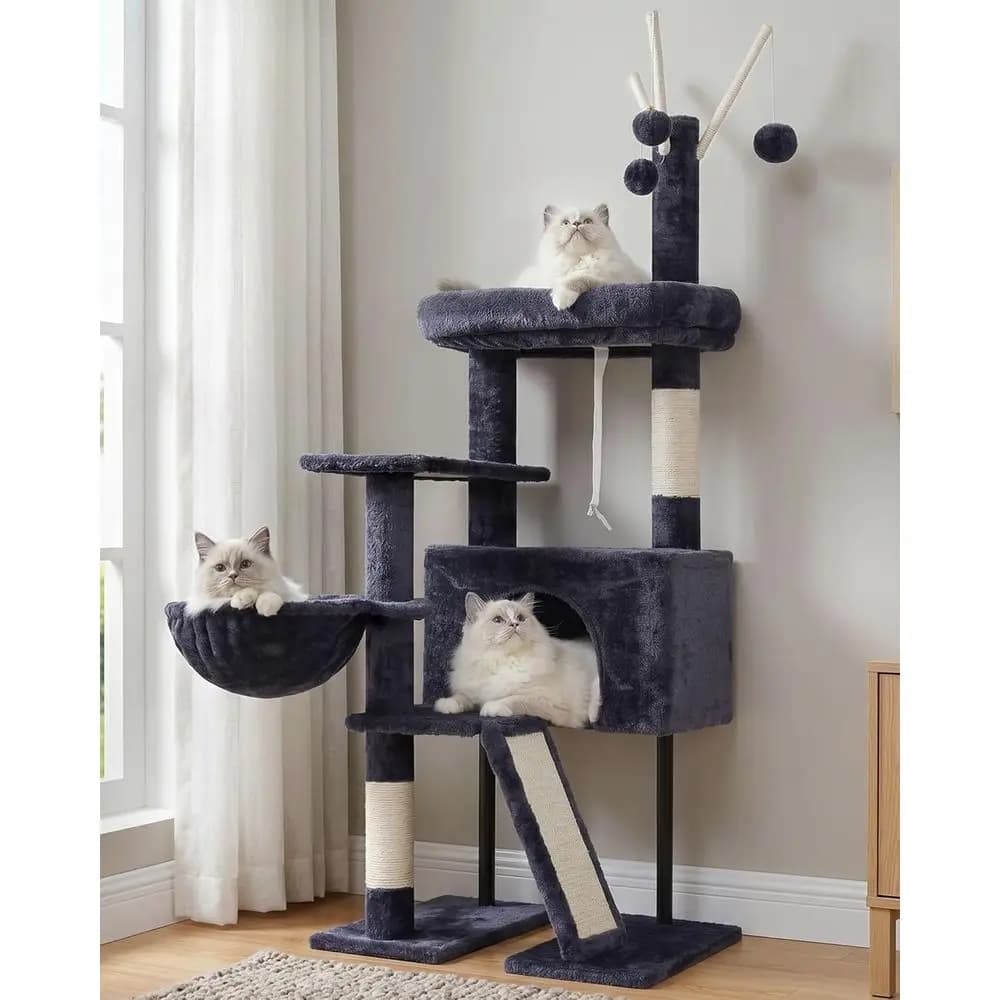 Cat Tree Tower Indoor Cats, Top Platform with Toy, 49.2 inch Condo House, Sturdy Base, Scratching Post & Board, 3 Balls, Hanging