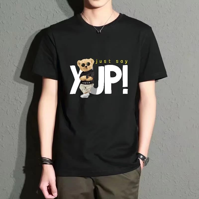 Men's Black Round-Neck Short-Sleeved T-Shirt, Casual Top with Bear Letter Print, Street Fashion Style, Versatile Item for Everyday Outings, Comfortable and Breathable Polyester Fabric