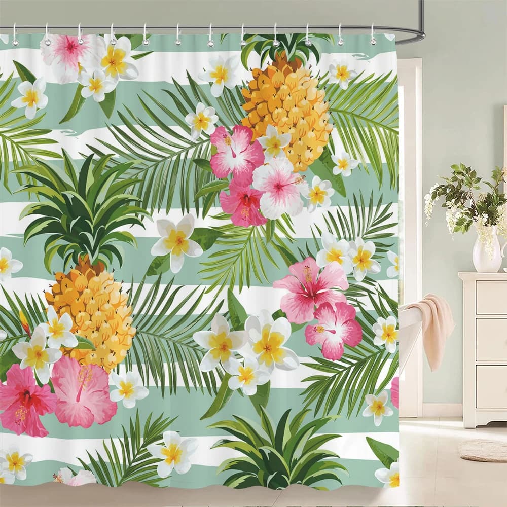 Tenda da doccia con piante verdi tropicali, fiori di ananas fresco, schermo da bagno 3D, tessuto impermeabile, decorazione per il bagno, tende da doccia