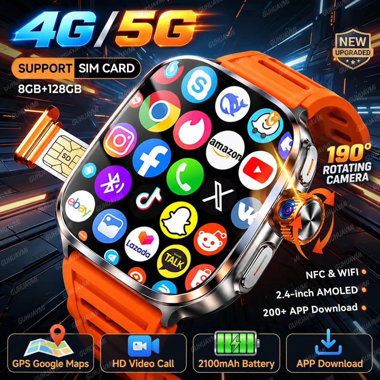 2026New 4G/5G Fashion Smartwatch SIM 128GB Memory 190° Rotate Camera Google 200+APP Download NFC 2100mAh Battery Watch Men Women