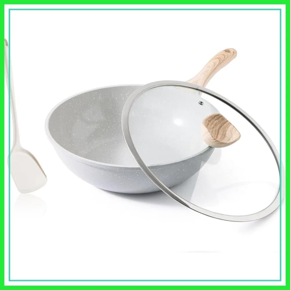 Wok in Ceramica da 12 Pollici, Padella Antiaderente con Coperchio, Pentola per Saltare in Padella Sana e Non Tossica, Adatta per Induzione, Senza PFOA e PFAS