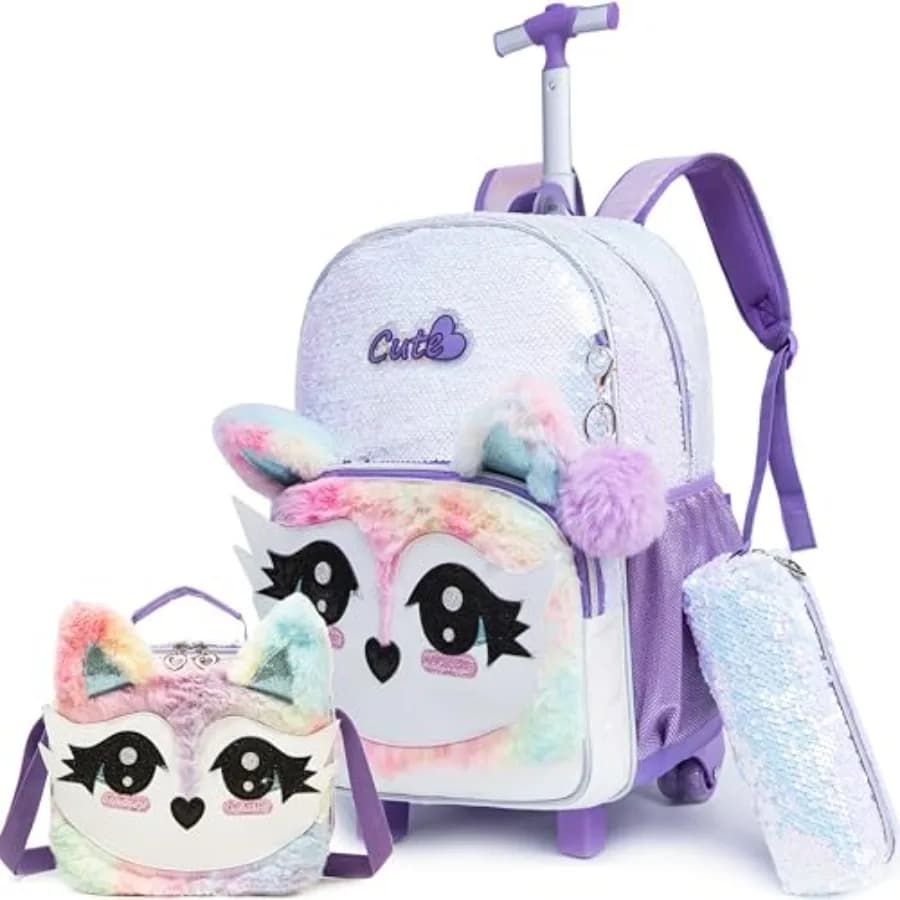 Zaino con Ruote per Ragazze, Zaini con Ruote per Studenti delle Scuole Elementari, Valigia da Viaggio 3 in 1 con Porta Pranzo