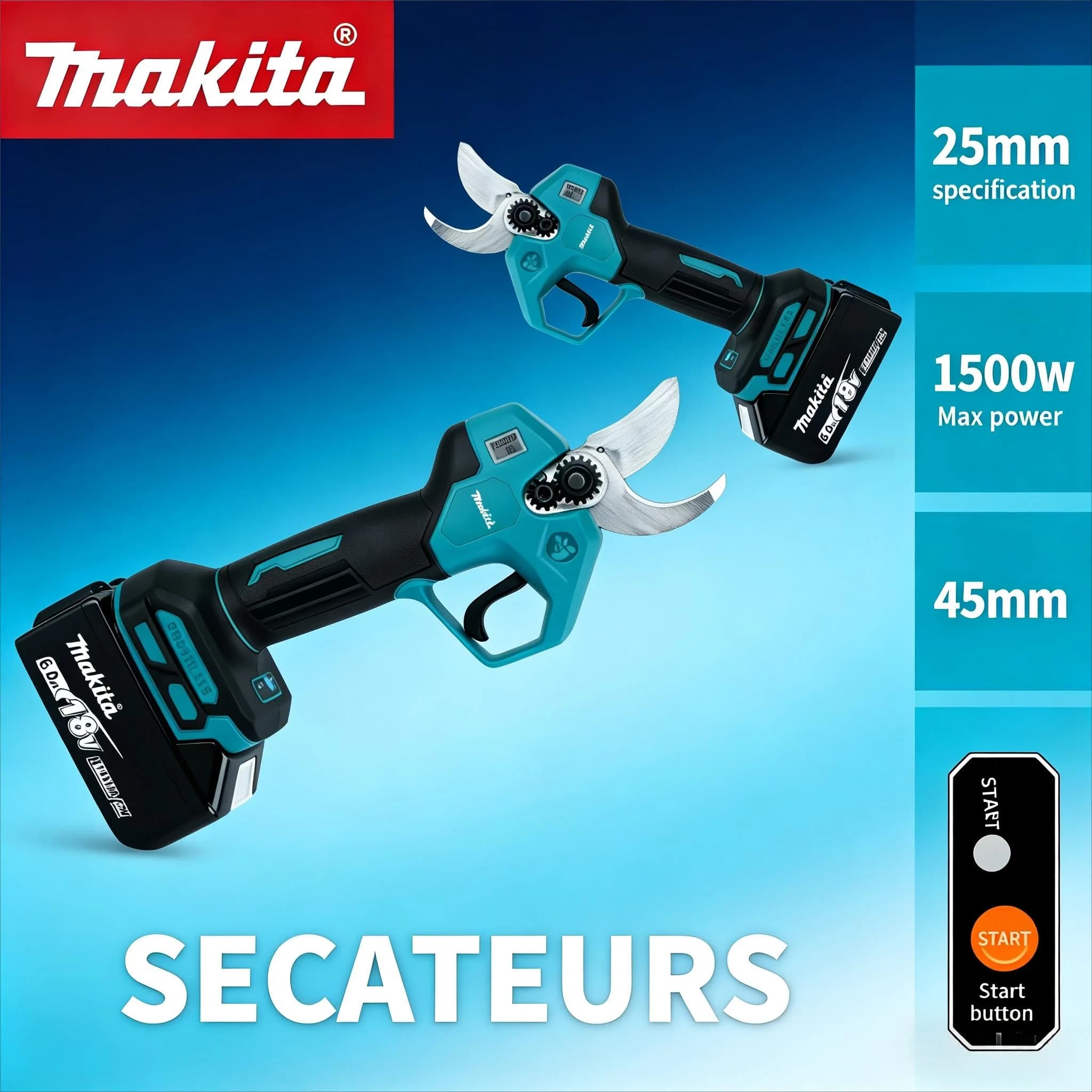 Makita 18V Makita 18V Makita brushless electric pruning shears for 45 mm branches High Power Garden Tree Shears 1500 W Lithium Ion Battery