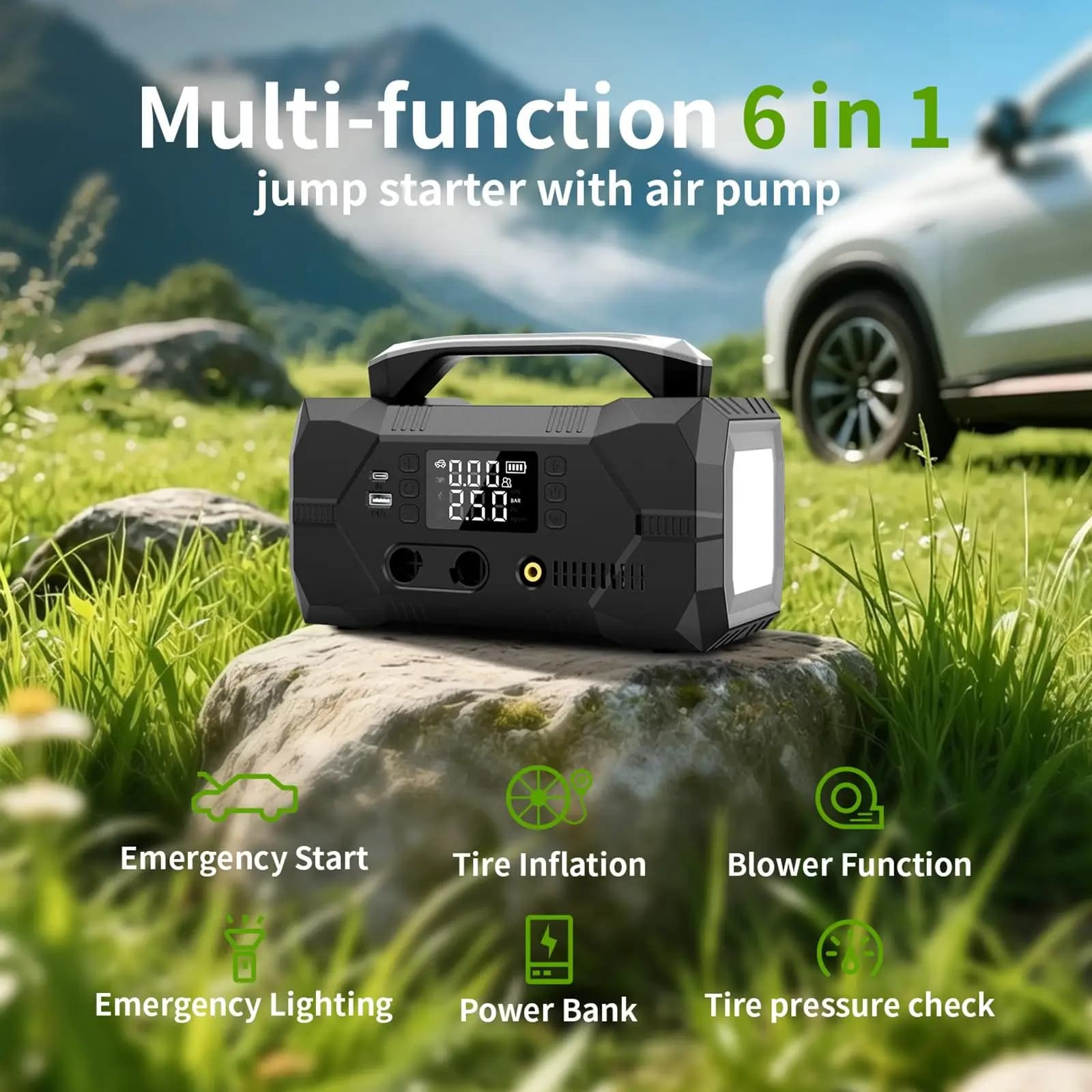 Portable Jump Starter Device Battery Charger with Precision Inflator for Car Truck Motorcycle Vehicle Emergency