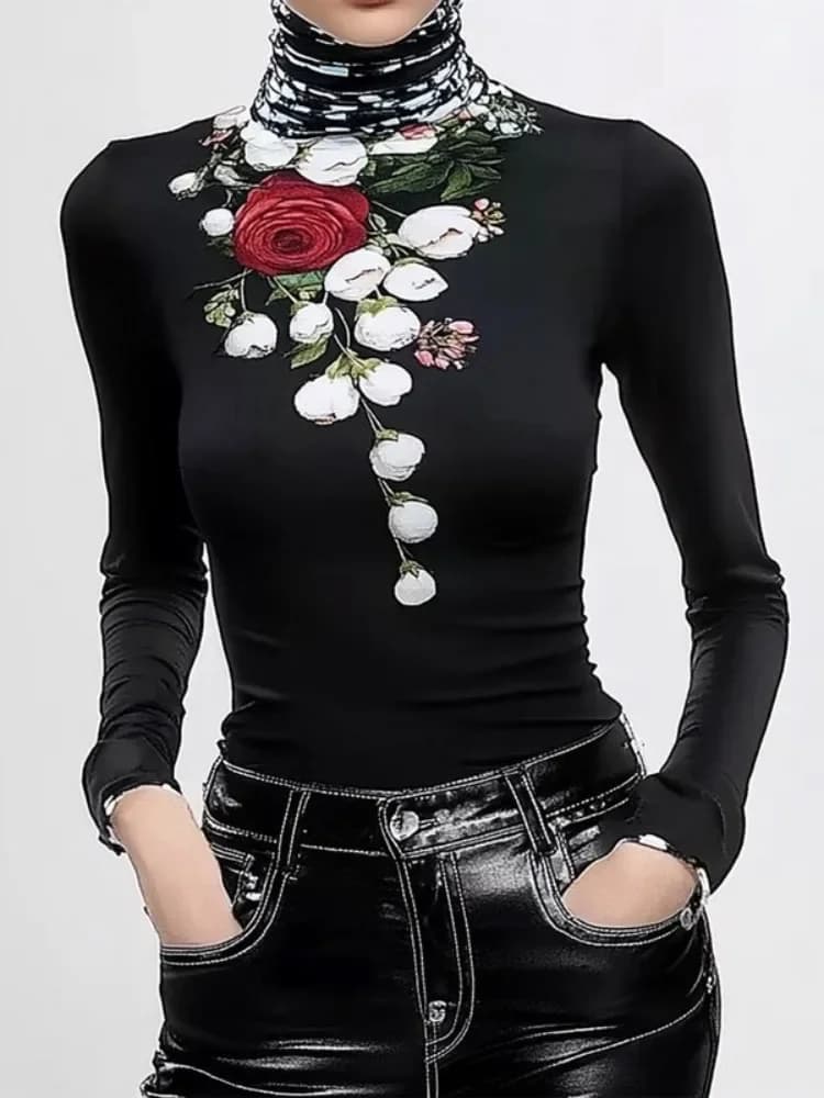 Yeezzi Donna Collo alto Stampato floreale Pullover Top 2025 Nuova primavera Autunno Maniche lunghe Skinny Split-Joint Urban Casual T-shirt