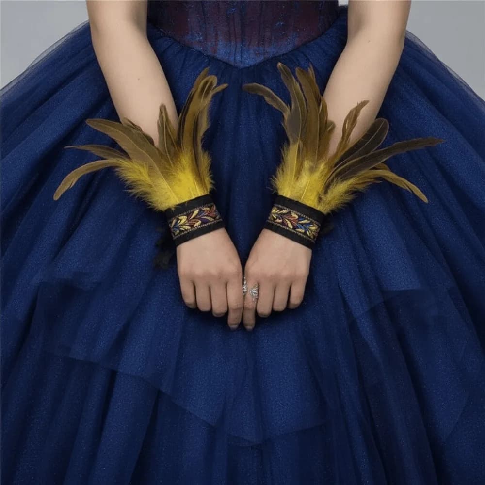 1 Piar Gothic Halloween Carnival Feather Wrist Cuff Embroidered Band Unisex Fluffy Feather Gloves Cuff Adjustable Straps