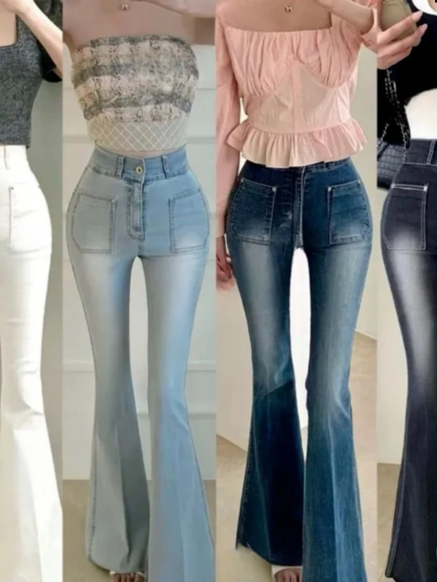 High Waist Slimming Bell Bot Jeans Pad Added Waist Hip Ratio Enhanced Fanny Pants Cotton Stretch Denim Zipper Closure