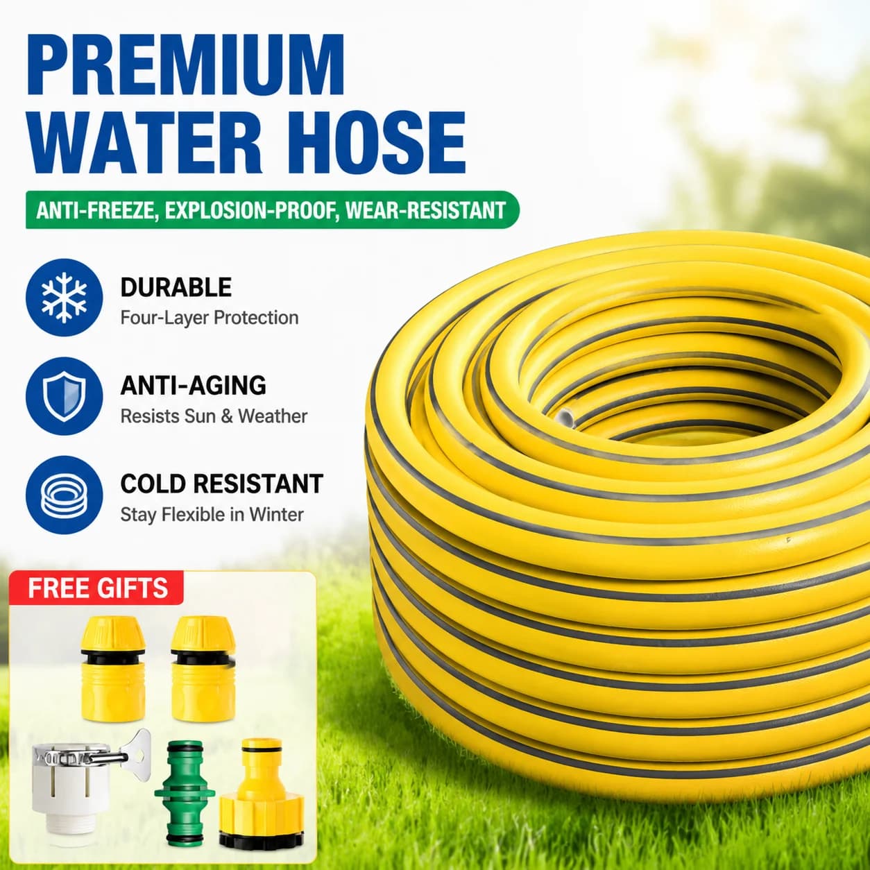 20/25/30cm High Pressure Rubber Hose with Adapter Burst/Freeze Proof Leak-Proof Flexible Water Hose for Yard Car Cleaning