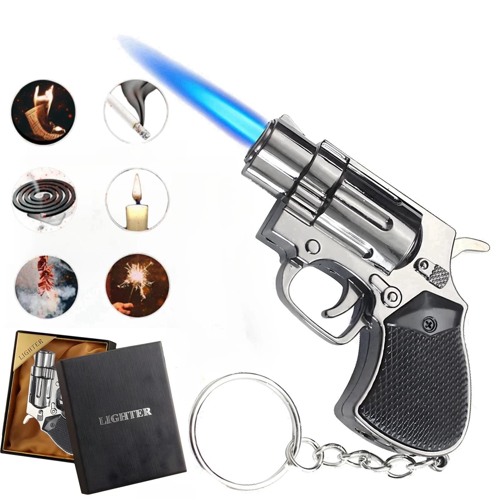 Portachiavi portatile a forma di pistola in metallo Accendino antivento Spray Fiamma Torcia Gonfiabile Butano Accendino da esterno Regalo per fumatori da uomo