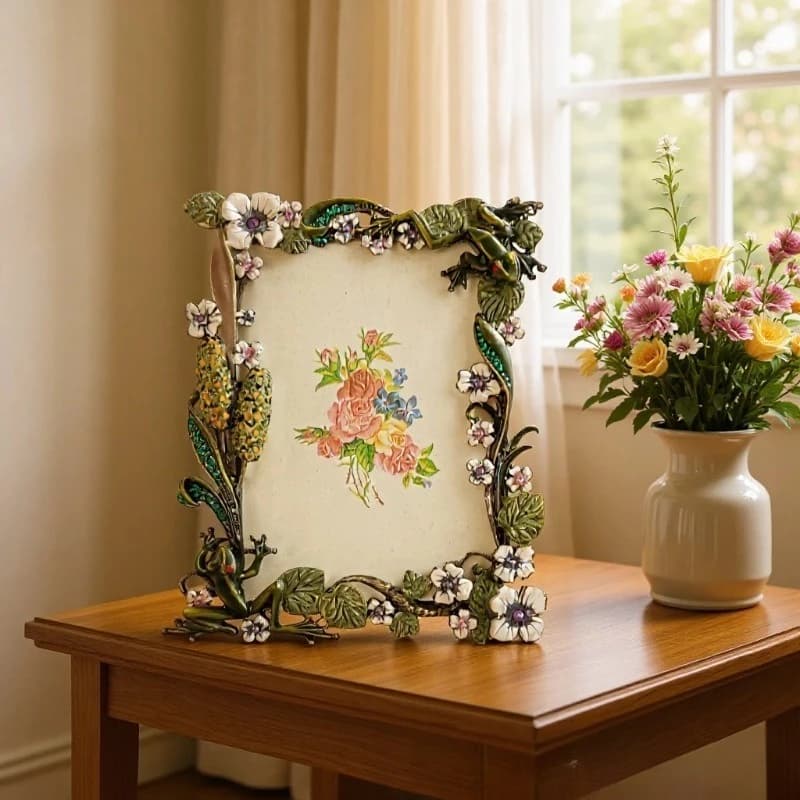 Enamel Cartoon Metal Photo Frame New Chinese Chinoiserie Tabletop Picture Holder Desktop Decor Photo Display Ornament Gift