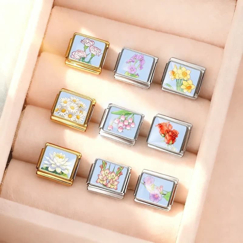Bracciale Modulare in Acciaio Inossidabile da 9mm con Motivo Floreale Stile Italiano, Collezione 2026 Fashion Month, Regalo all'Ingrosso Fai da Te