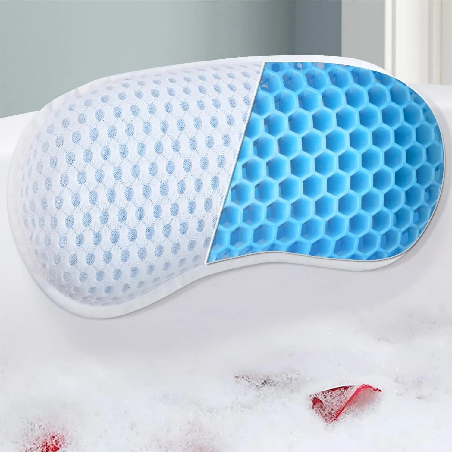 Cuscini da Bagno per Vasca, Supporto Ergonomico per Collo e Schiena, Poggiatesta in TPE 4D Mesh con 3 Ventose e Gancio, Regali per Spa