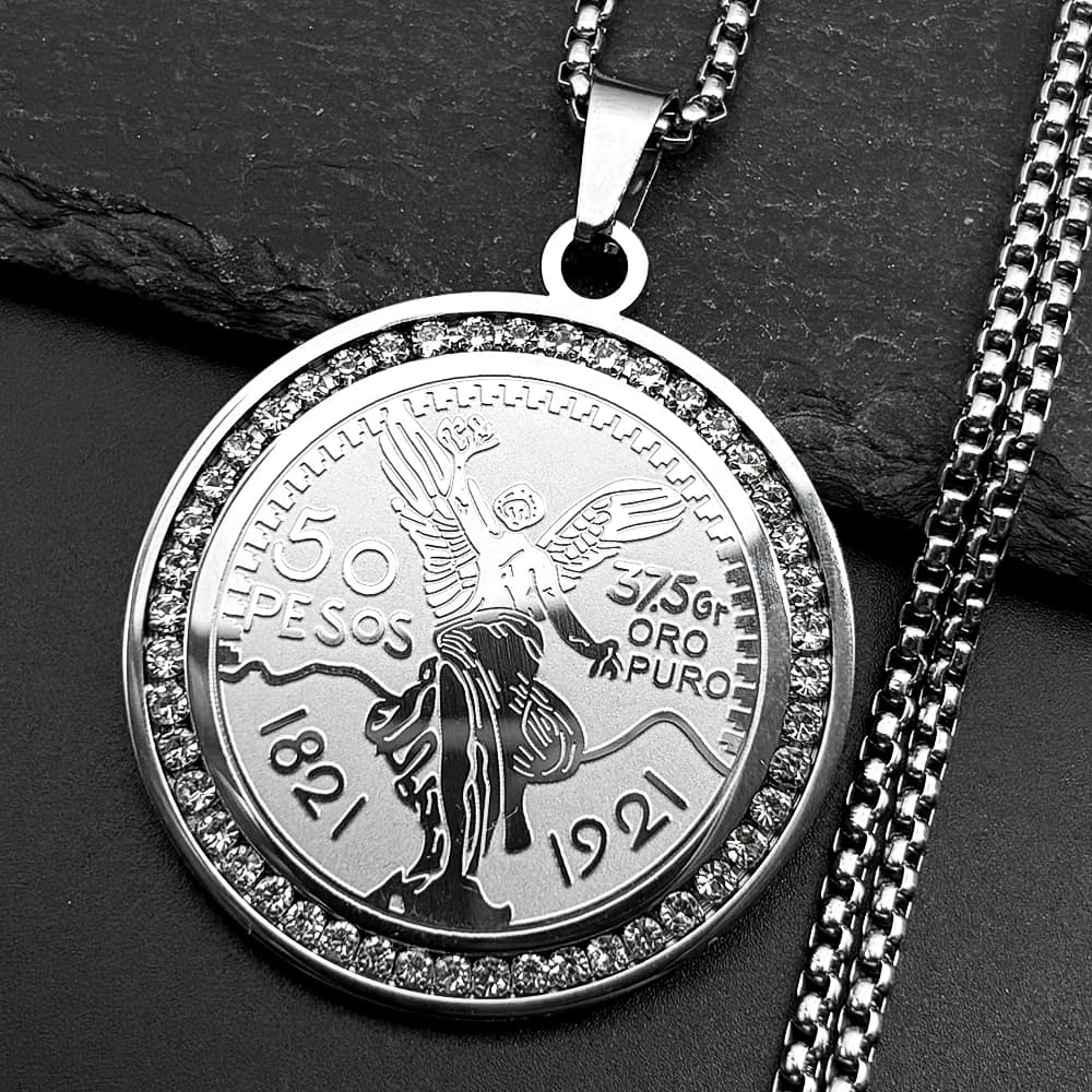 1921 Mexican 50 Pesos Rhinestones Pendant Necklace for Men Women Stainless Steel Gold Color Winged Victory Chain Amulet Jewelry
