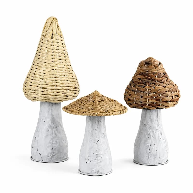 Rustic Rattan Mushroom Garden Decor Artificial Wicker and Iron Ornament 3 Styles for Farmhouse Patio Lawn Home Table Decorations