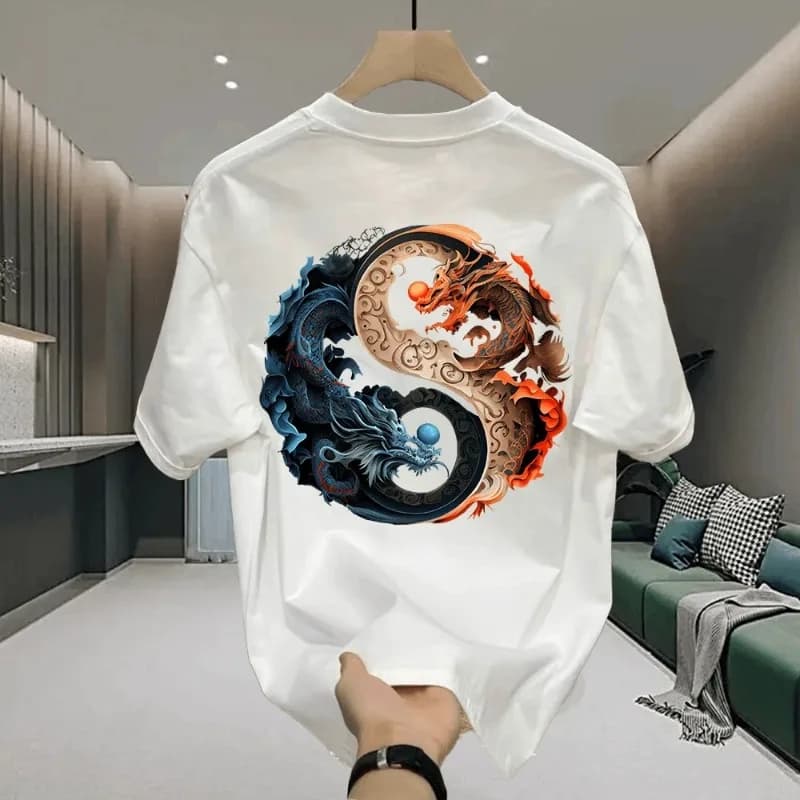 T-shirt in cotone da uomo bianca 5XL, maglietta casual estiva da uomo con stampa cinese Loong, abbigliamento moda uomo nero
