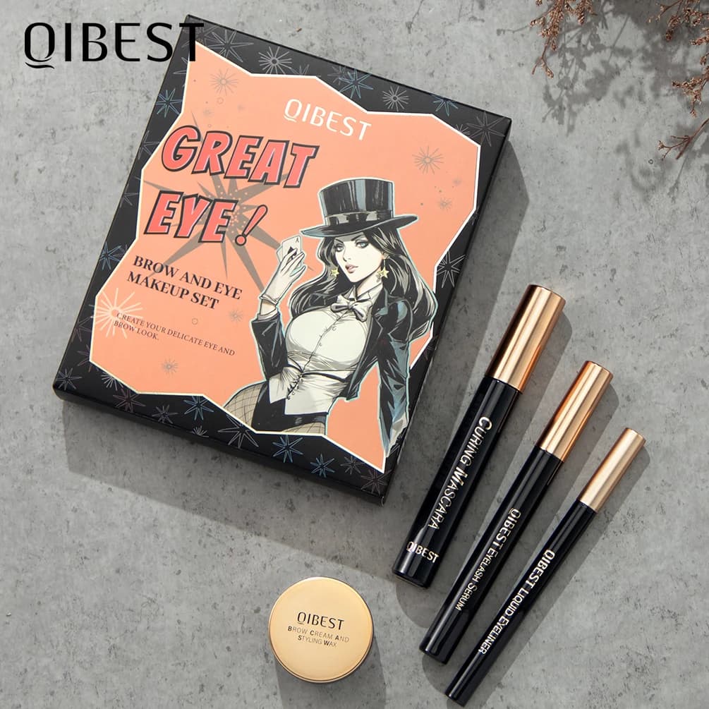 QIBEST 4PCS Eye Makeup Set 4D Liquid Eyeliner Pen Black Eyelash Serum Extension Thick Enhancer Eyelets Cosmetics Kit