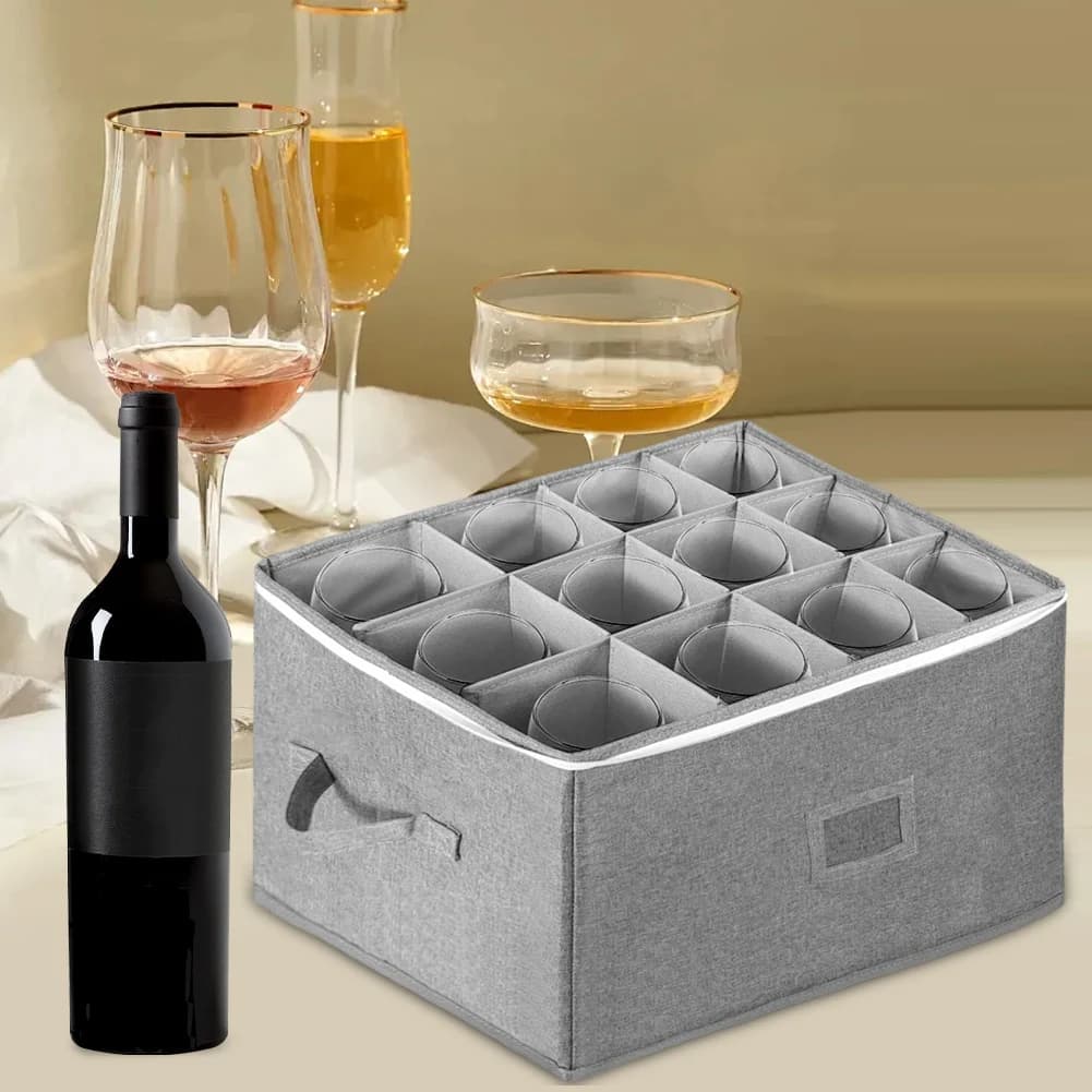 The wine glass storage box contains 12 glasses with stackable rigid shell and removable compartments for safe transport and storage
