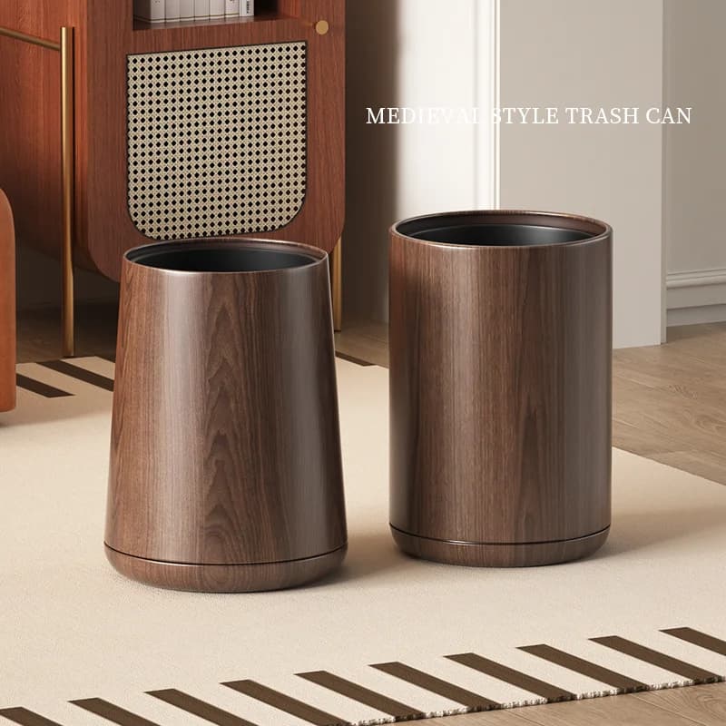 Vintage Trash Can Walnut Wood Pattern WasteBasket Metal Body Household Garbage Can for Bathroom Living Room Home