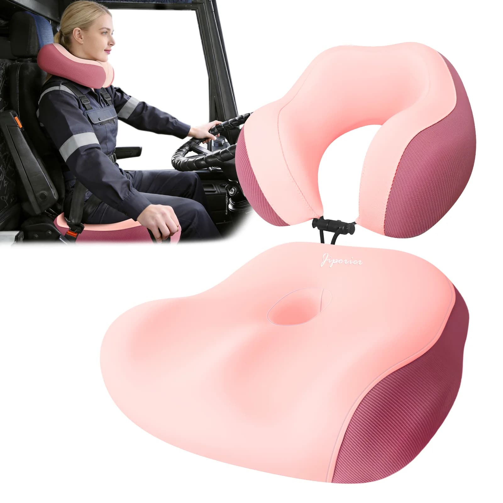 JP61-PINK Ergonomic Car Seat Cushion with Neck & Back Support – Memory Foam, Anti-Slip, Pain Relief Design