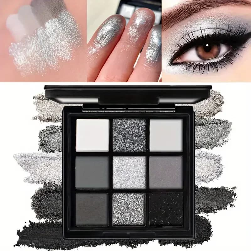 Palette di ombretti a nove colori Pennello per trucco, trucco fumoso grigio-rosa, trucco illuminante per baco da seta perlescente opaco