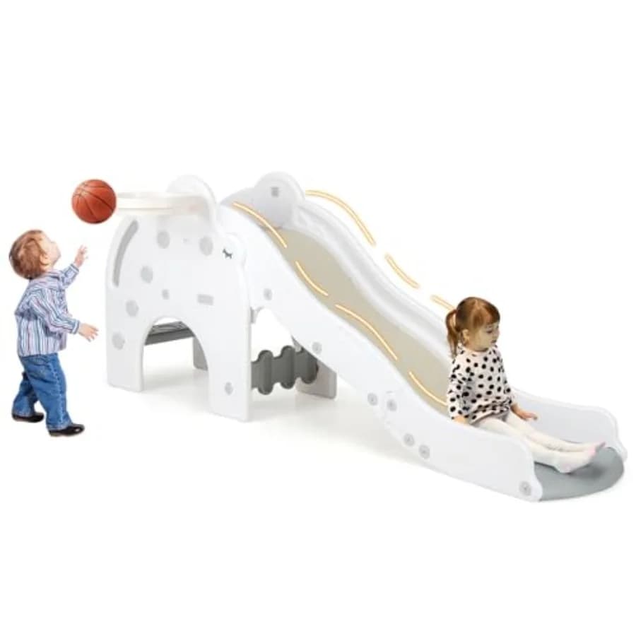 Scivolo per Bambini 4 in 1, Scivolo Interno a Onda, Carico Massimo 150 kg, per Età 18+ Mesi, con Canestro da Basket e Palla, Arrampicata Esterna