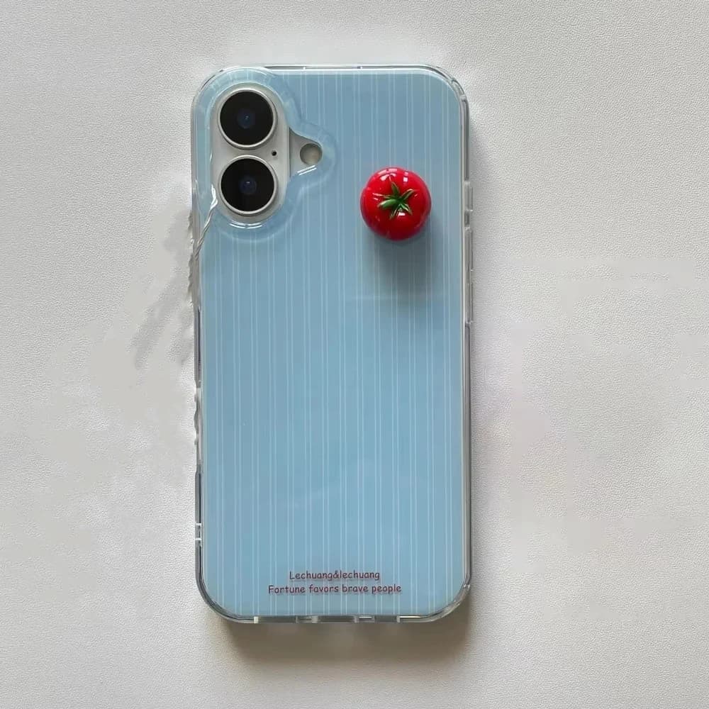 Cute Blue Stripe Funny Stereoscopic Tomato Phone Case For iPhone 17 AIR 16 15 14 13 12 11 PRO MAX PLUS Dustproof Y2K Cover