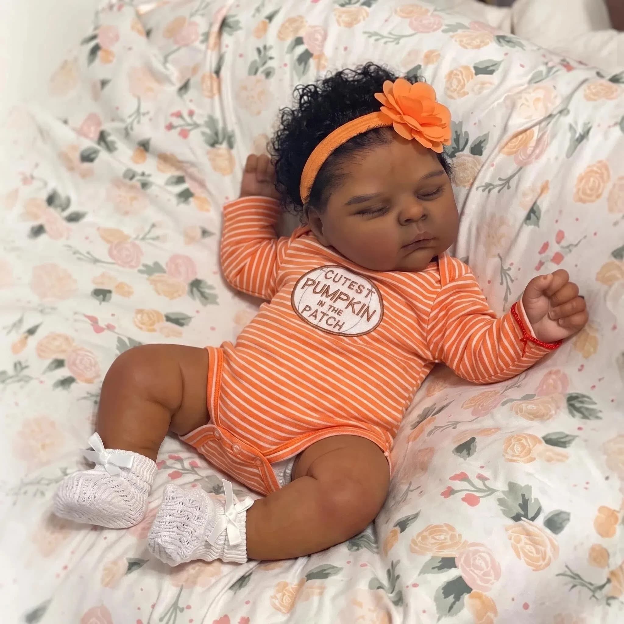 NPK 19inch Peaches Soft Body Reborn Sleeping Baby Doll Dark Skin Hand Painted Multi-Layer Rooted Hair Touch Life-Size Collectibl