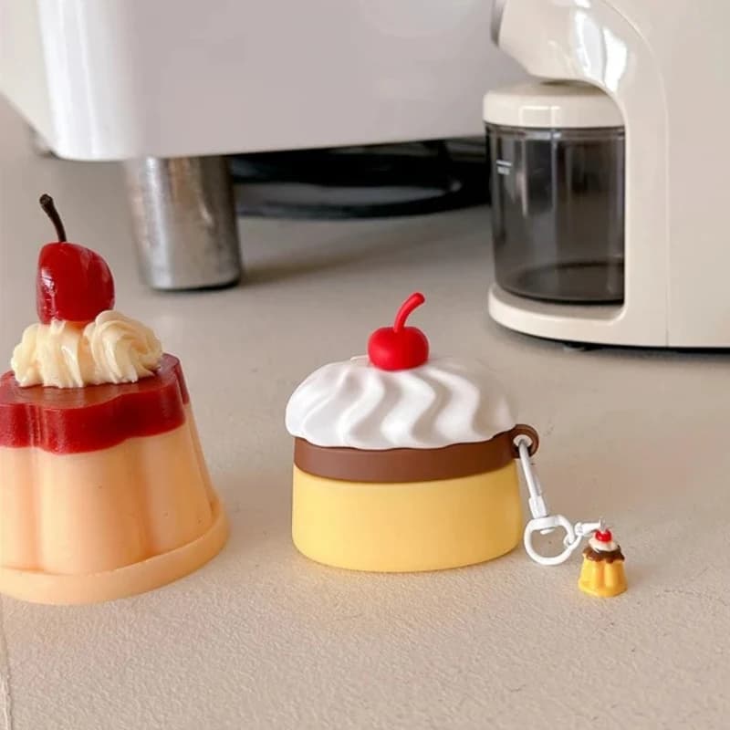 Per AirPods 1 2 3 4 Pro 2 Custodia Divertente 3D Cartoon Cherry Budino Torta Custodia morbida in silicone per auricolari con pendente per AirPods 4 Funda