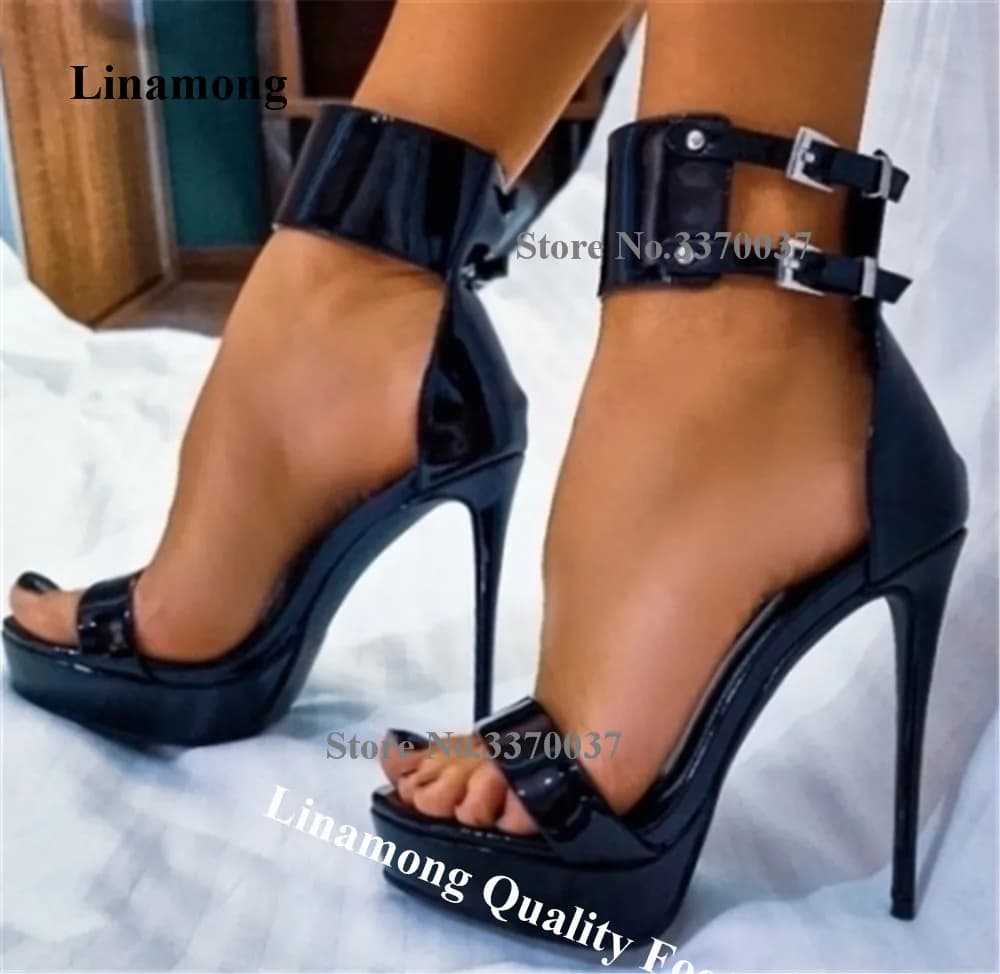 Linamong Sandals with thin heel in black patent leather Open tip with ankle strap with high plateau and stiletto heel Party heels