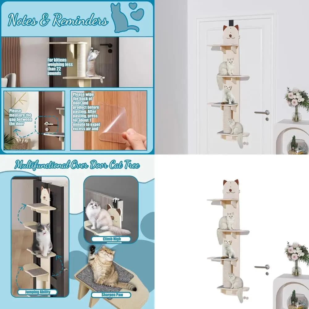Albero per Gatti da Porta 67 cm con 4 Livelli di Salto, Tiragraffi e Palla con Campanello per Gattini - Multistrato in Legno Beige