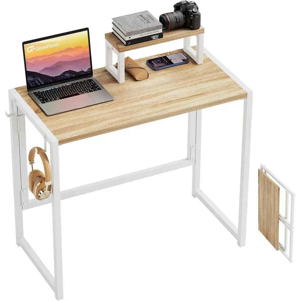 Scrivania per Computer Pieghevole da 31,5 Pollici con Supporto Monitor, Ganci Portaoggetti e Design Salvaspazio per Ufficio Domestico o Dormitorio, Finitura Rovere