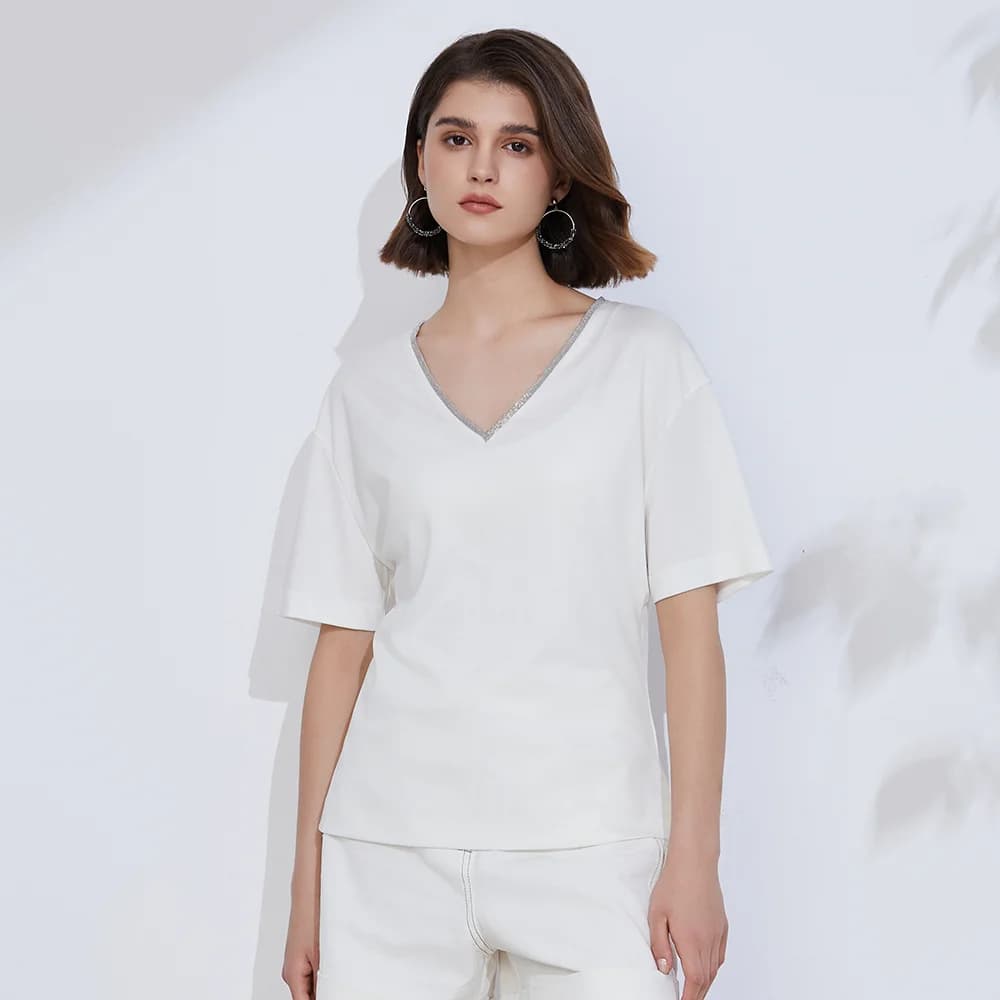 K2364X abbigliamento donna di lusso abbigliamento donna estate 100% magliette in cotone Pima con scollo a V t-Shirt in puro cotone