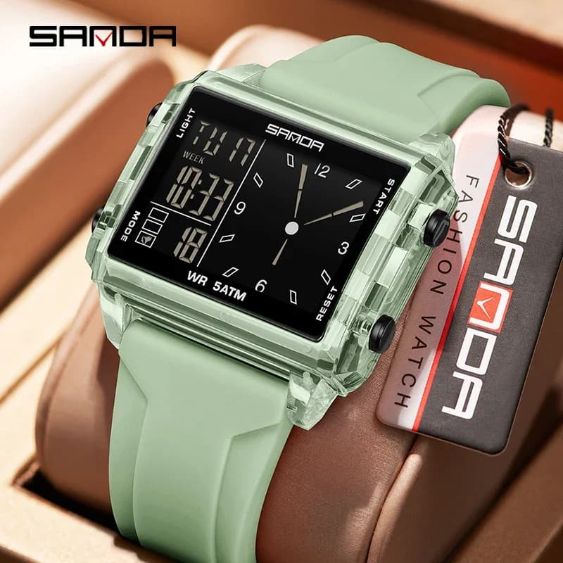 SANDA Orologio analogico elettronico alla moda per uomo Donna Quadrante quadrato Conto alla rovescia Orologio impermeabile Orologio digitale da uomo luminoso a LED
