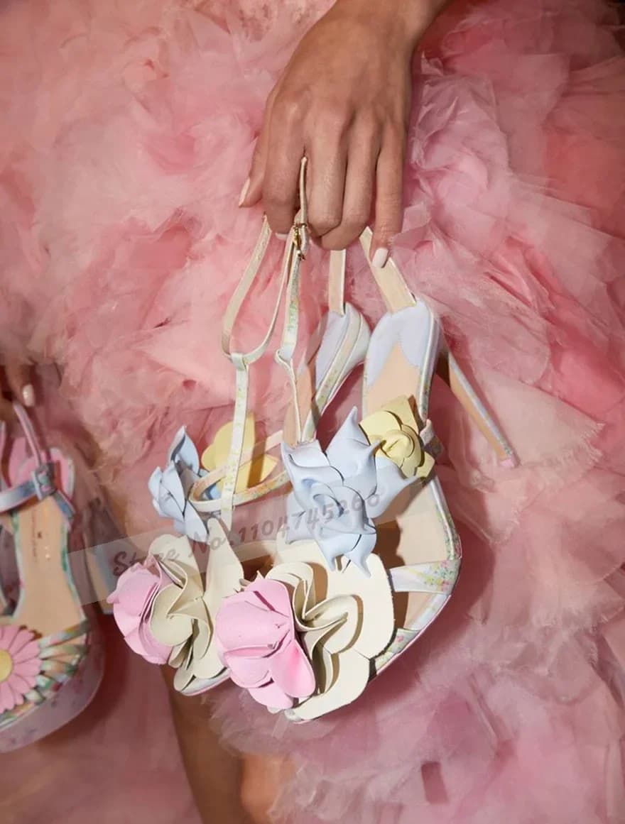 Colorful 3D Flower Sandals Pink Blue Baby Sandals with Floral Printed stiletto Heel Wedding Shoes with Flowers Strap with Buckle Summer Shoes